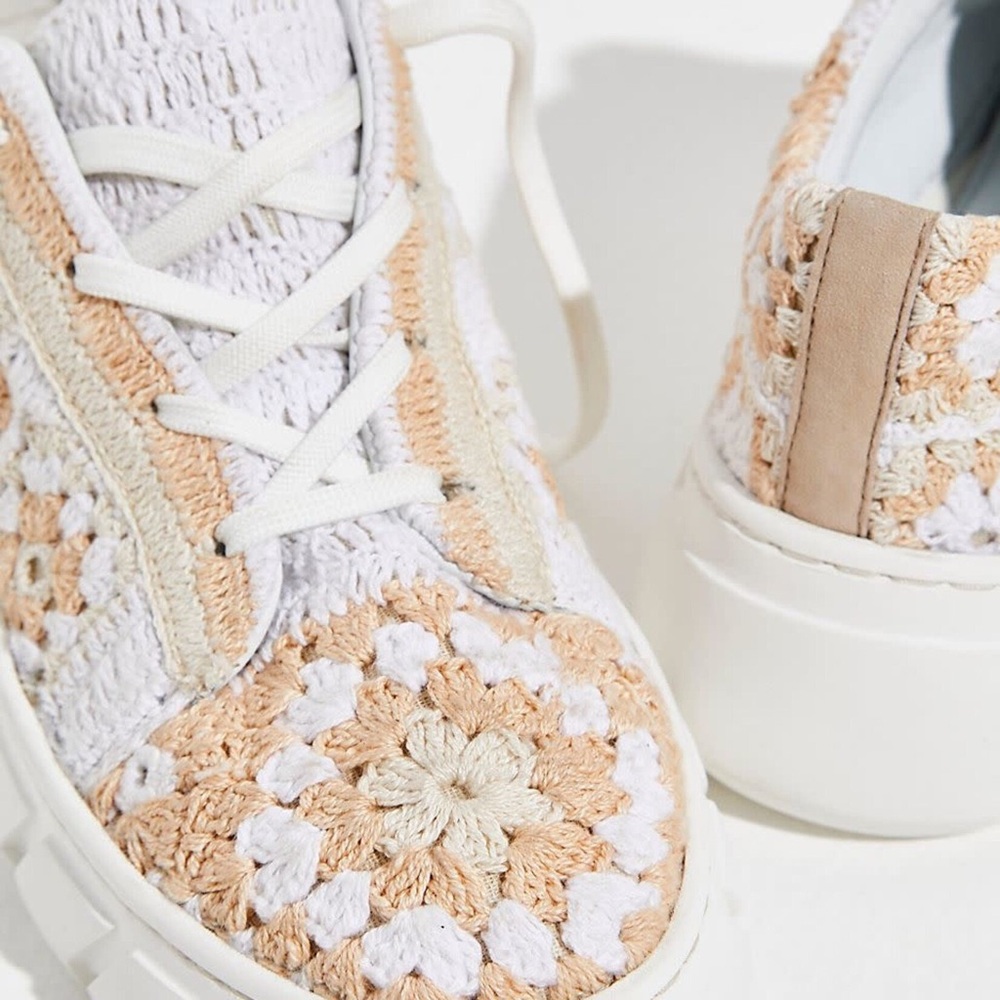 Free People Lace-Up Crochet Sneakers - Cream and Tan “Catch Me If You Can “ - Picture 2 of 10